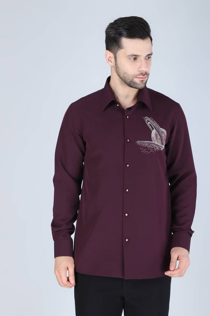 Purplish Wine Hand Embroidered Motif Shirt for Men