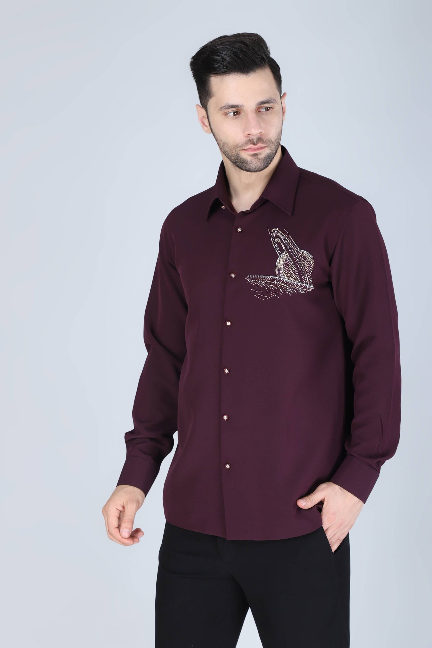 Purplish Wine Hand Embroidered Motif Shirt for Men