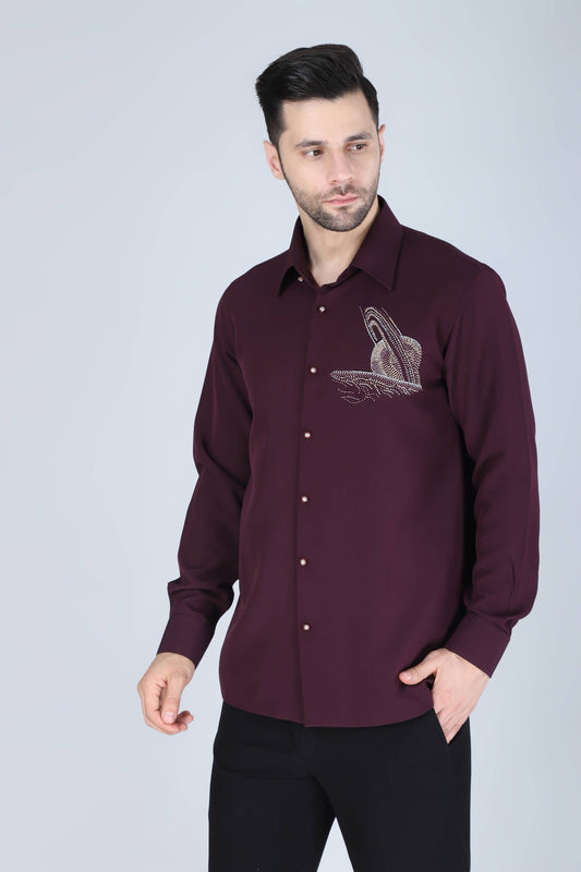 Purplish Wine Hand Embroidered Motif Shirt for Men