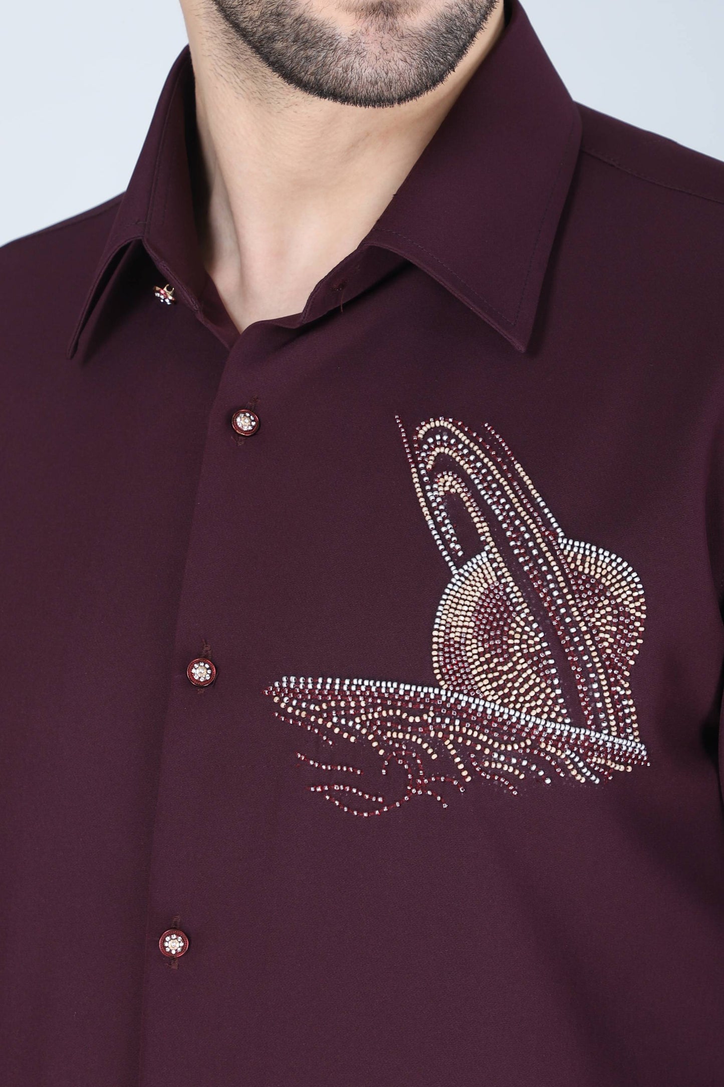Purplish Wine Hand Embroidered Motif Shirt for Men