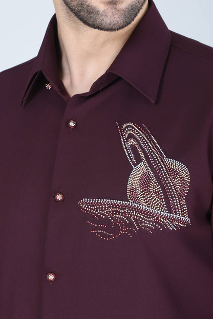 Purplish Wine Hand Embroidered Motif Shirt for Men