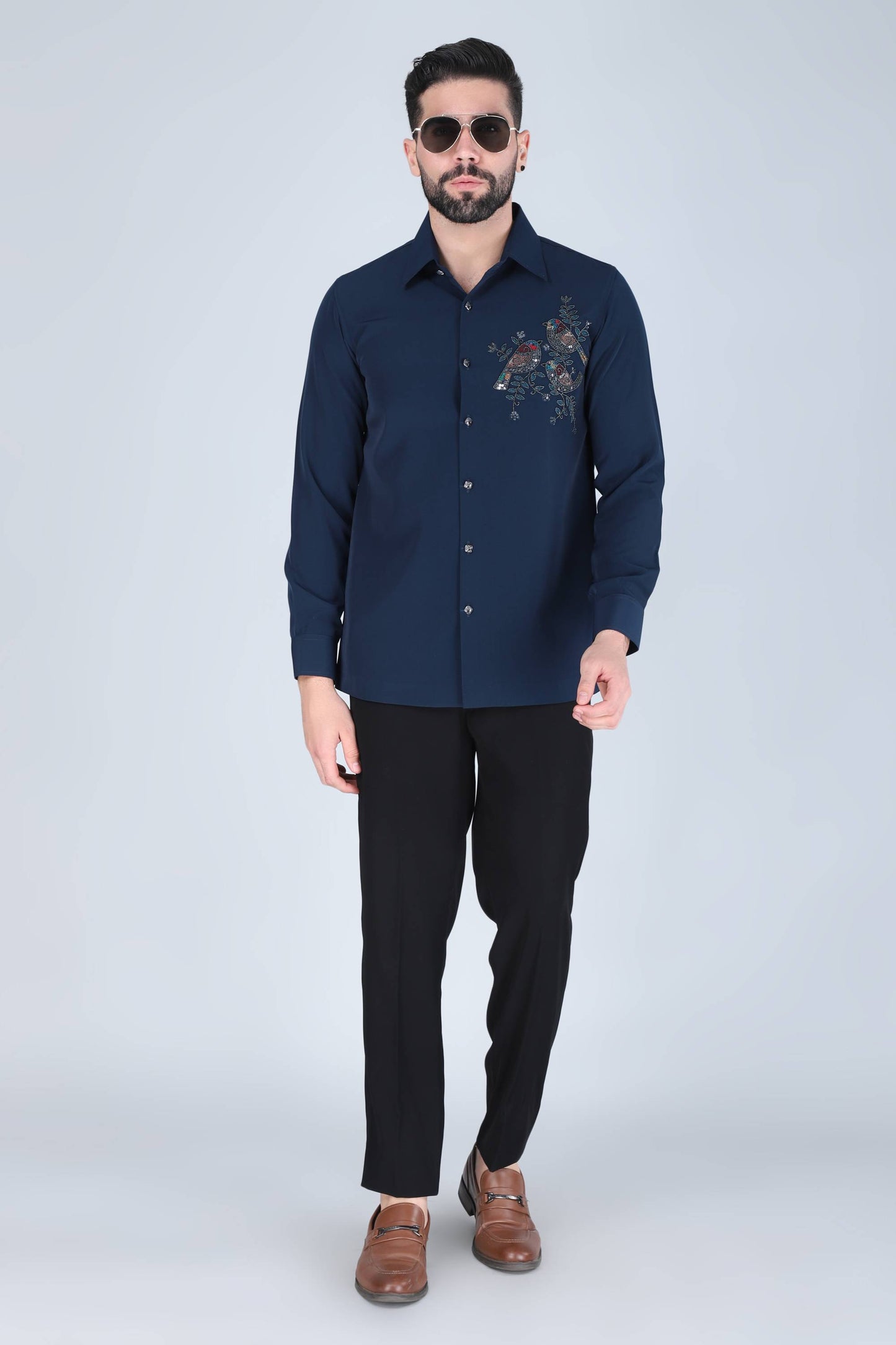 Navy Blue Hand Embroidered Shirt for Men