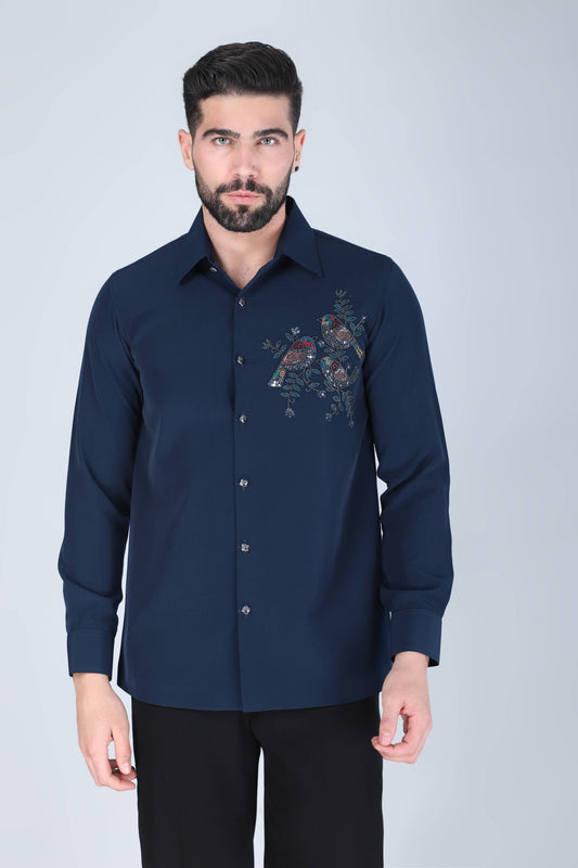 Navy Blue Hand Embroidered Shirt for Men