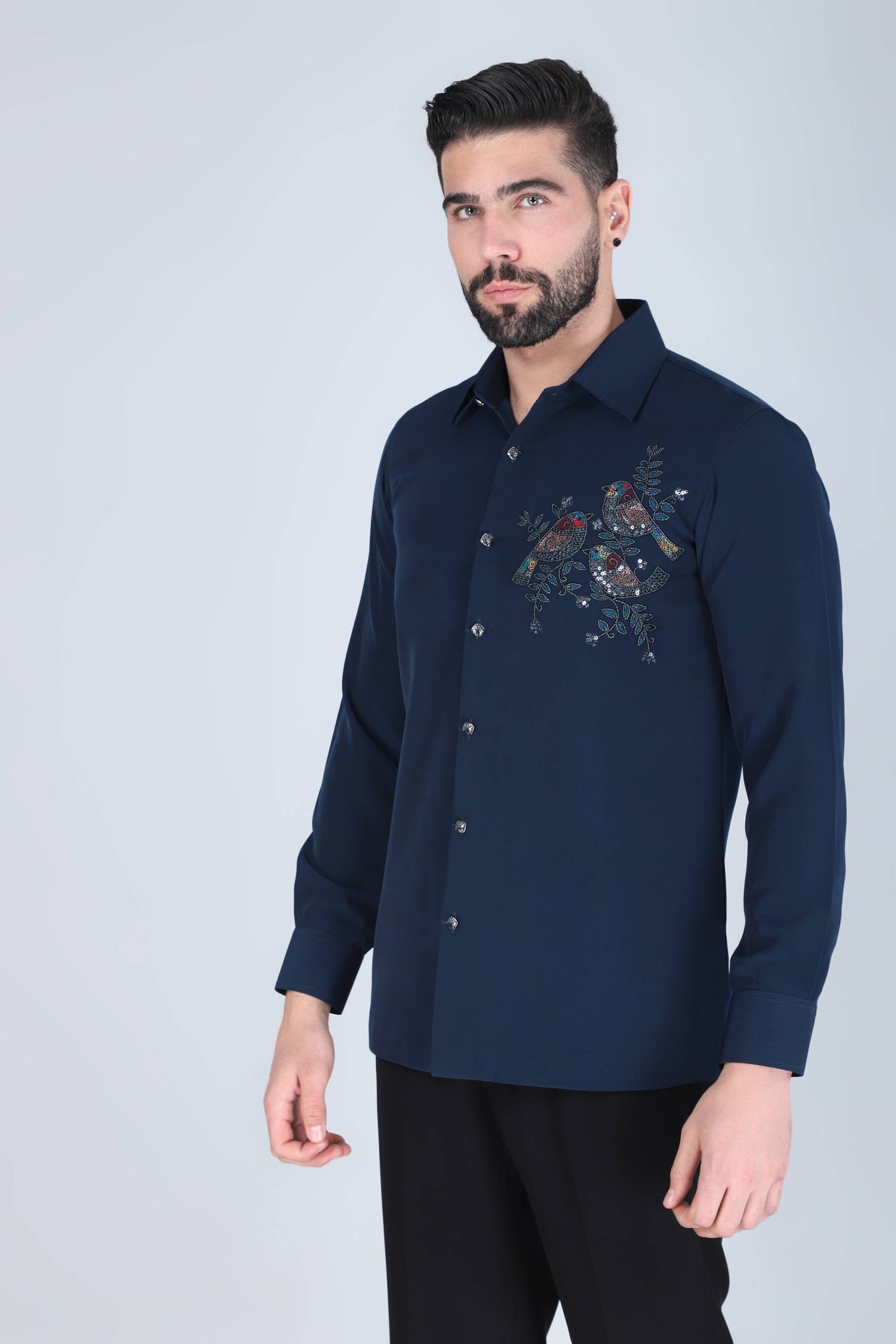 Navy Blue Hand Embroidered Shirt for Men