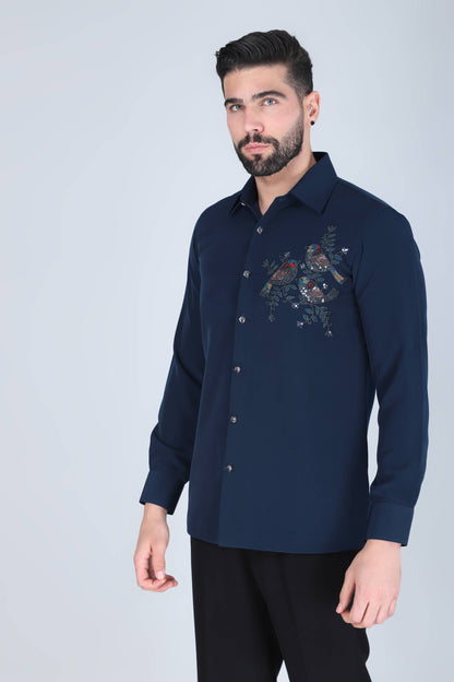 Navy Blue Hand Embroidered Shirt for Men