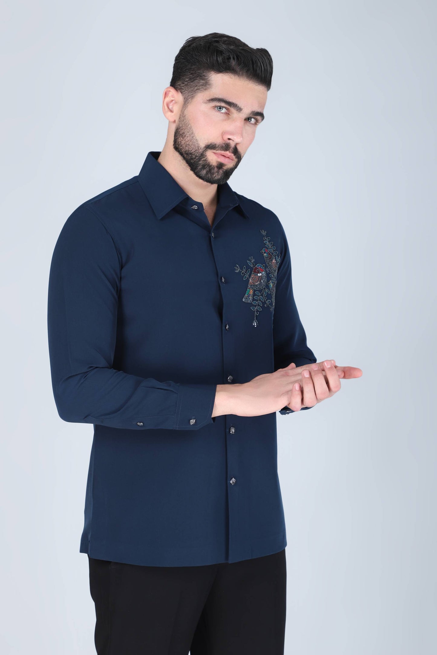 Navy Blue Hand Embroidered Shirt for Men