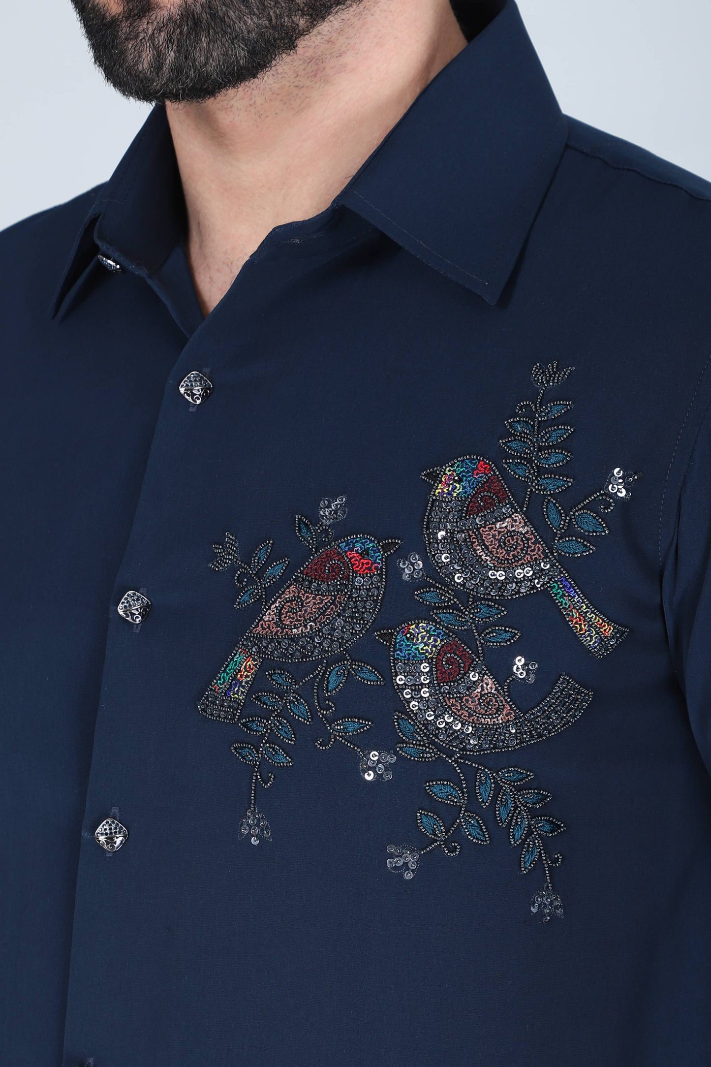 Navy Blue Hand Embroidered Shirt for Men