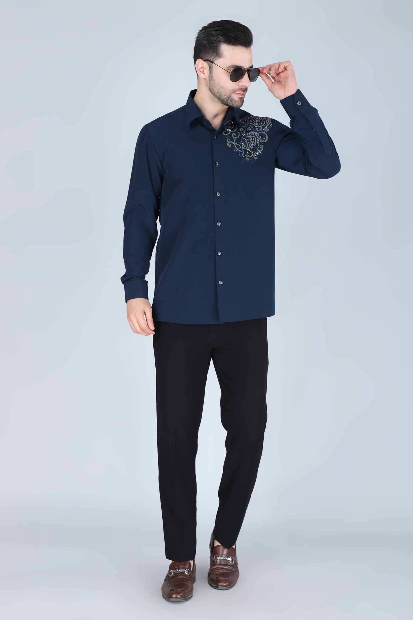 Navy Blue Hand Embroidered Shirt for Men