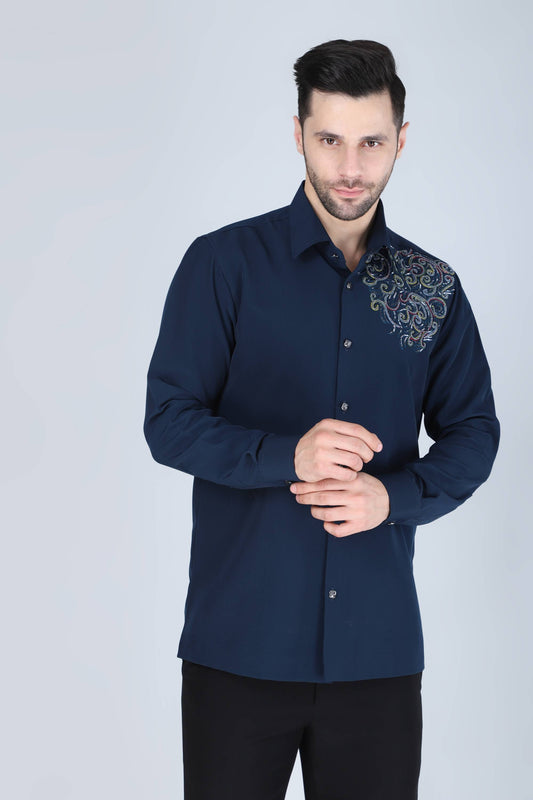 Navy Blue Hand Embroidered Shirt for Men