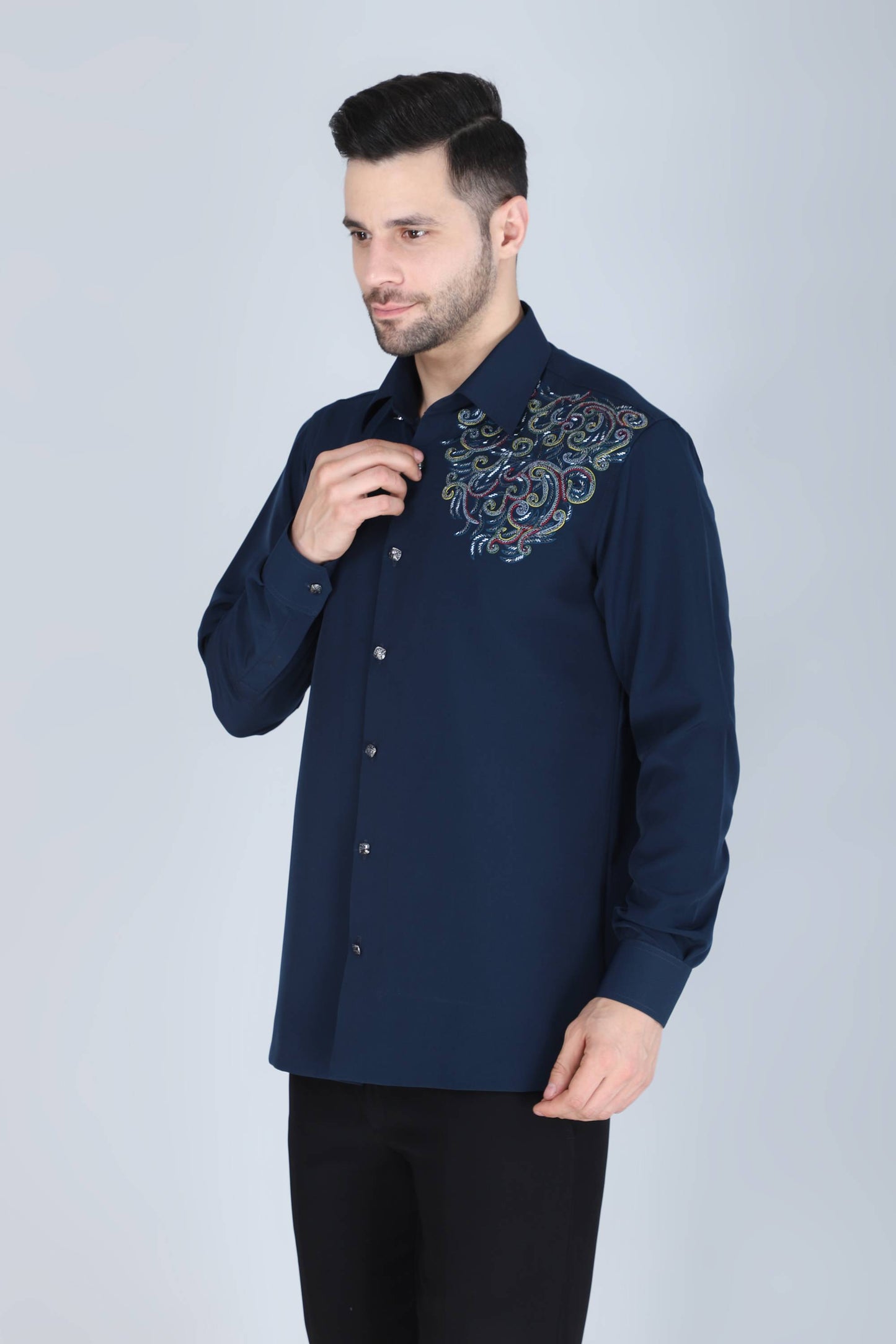 Navy Blue Hand Embroidered Shirt for Men