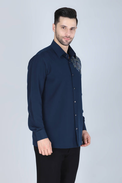Navy Blue Hand Embroidered Shirt for Men