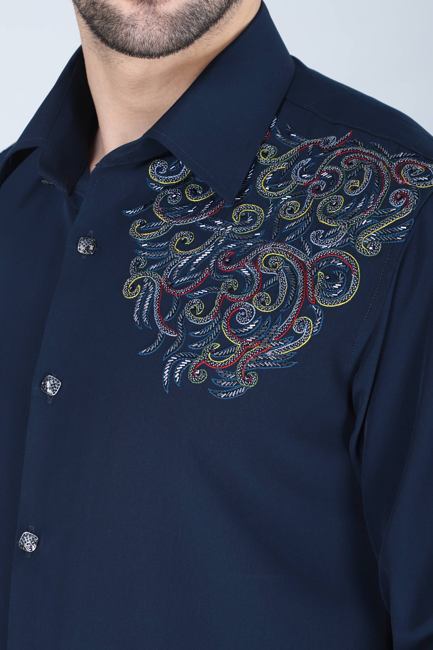 Navy Blue Hand Embroidered Shirt for Men
