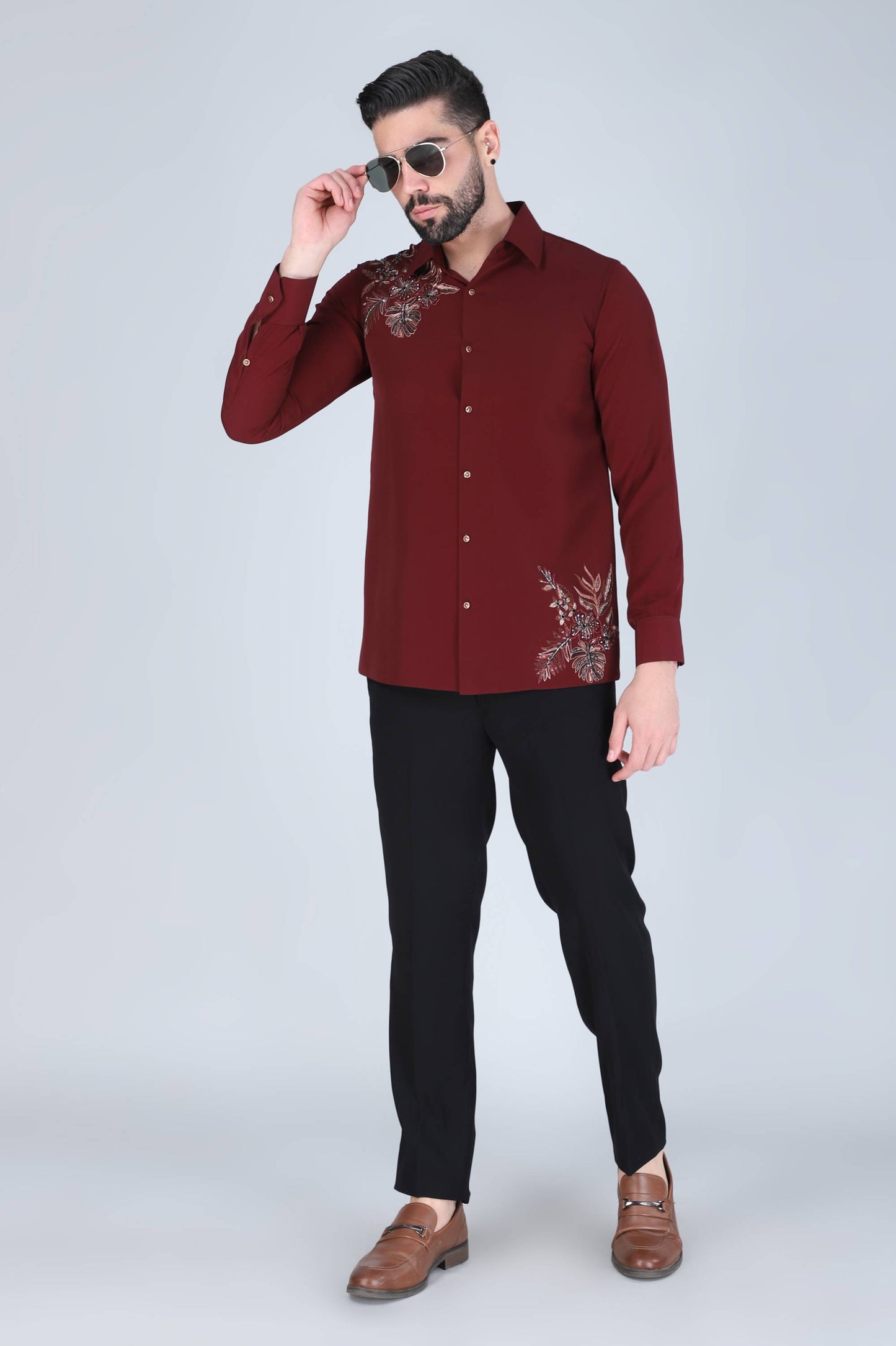 Maroon Hand Embroidered Shirt for Men