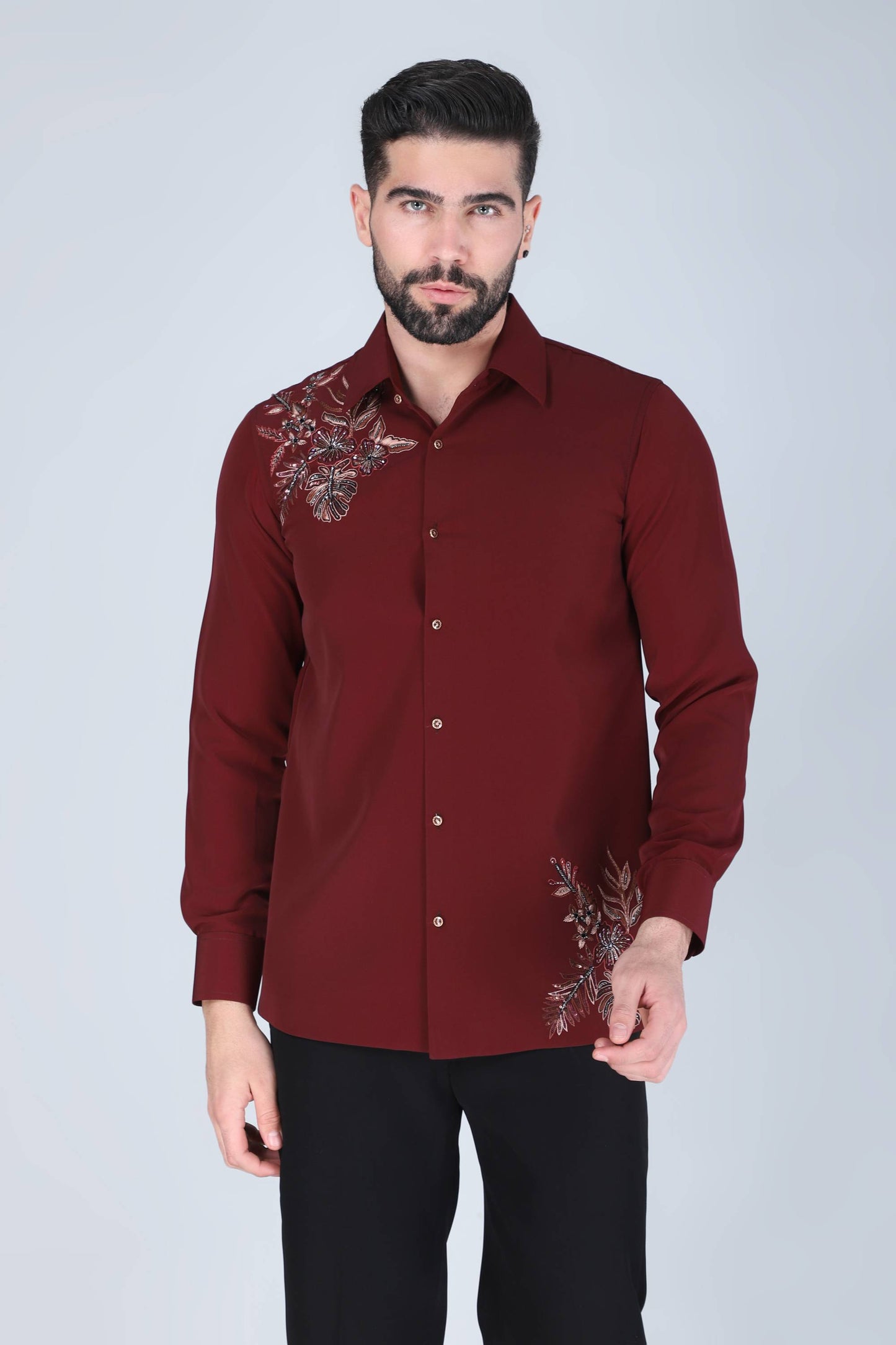 Maroon Hand Embroidered Shirt for Men