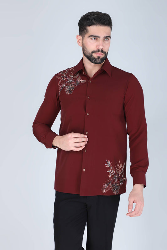 Maroon Hand Embroidered Shirt for Men