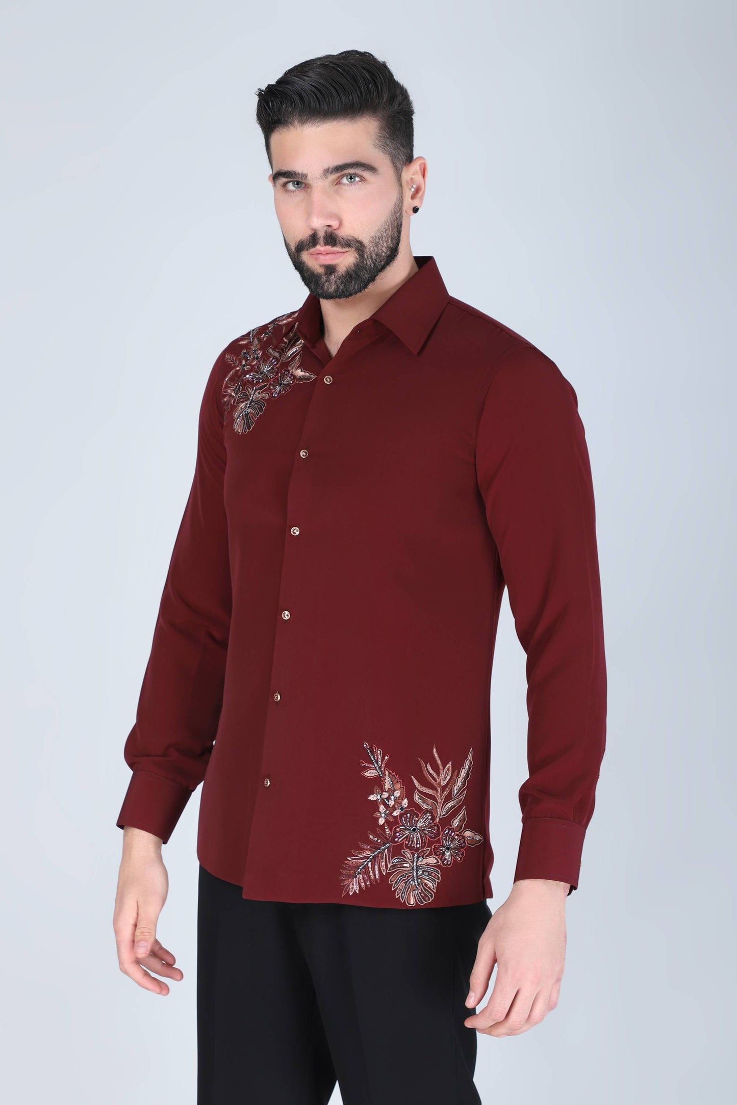 Maroon Hand Embroidered Shirt for Men