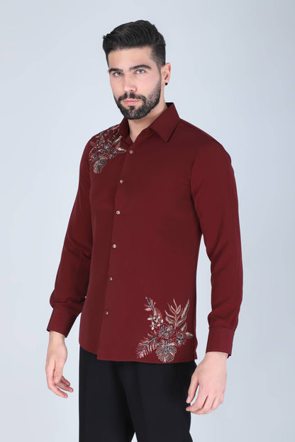 Maroon Hand Embroidered Shirt for Men