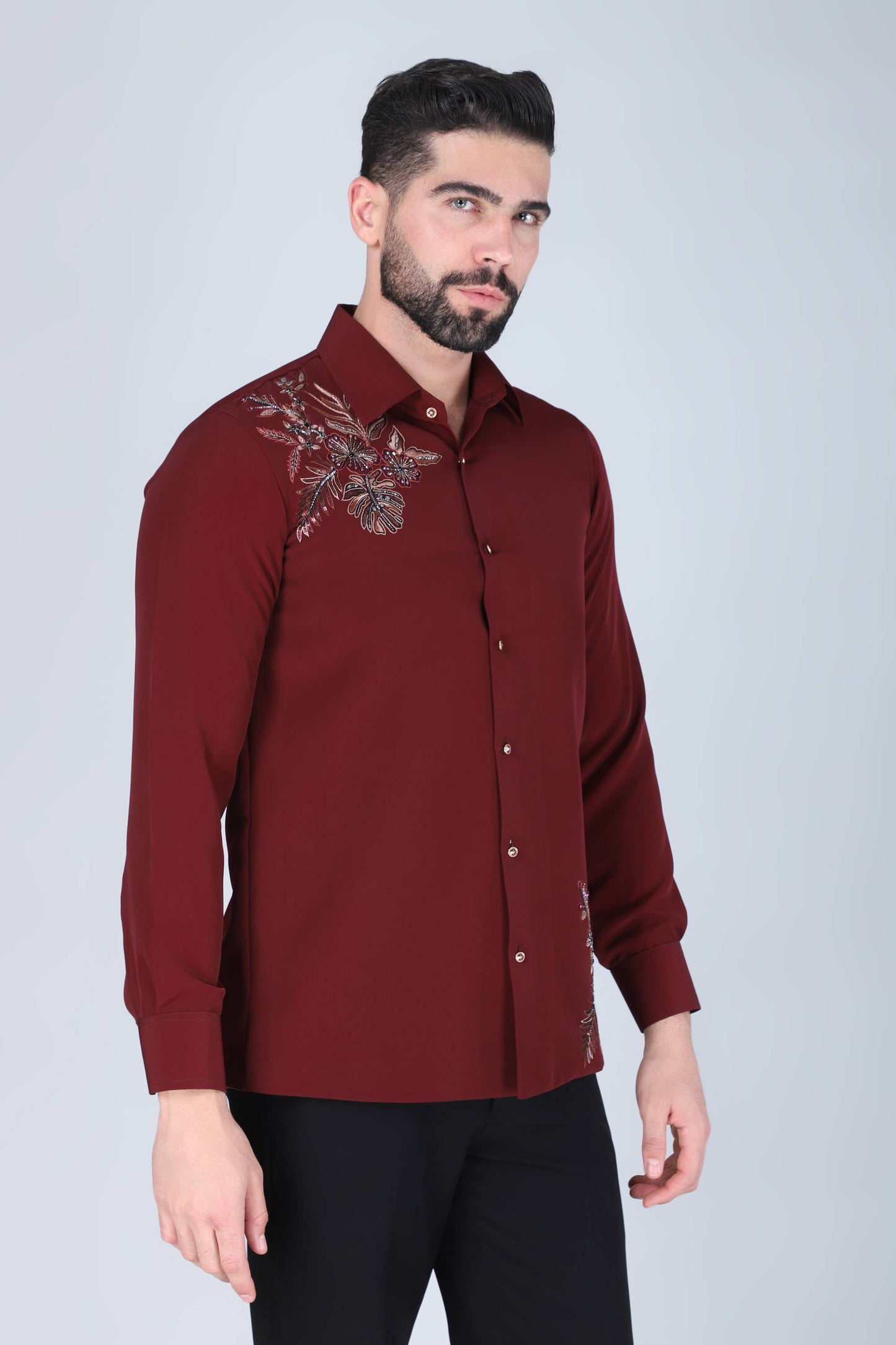 Maroon Hand Embroidered Shirt for Men