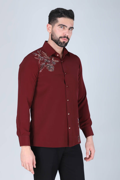 Maroon Hand Embroidered Shirt for Men