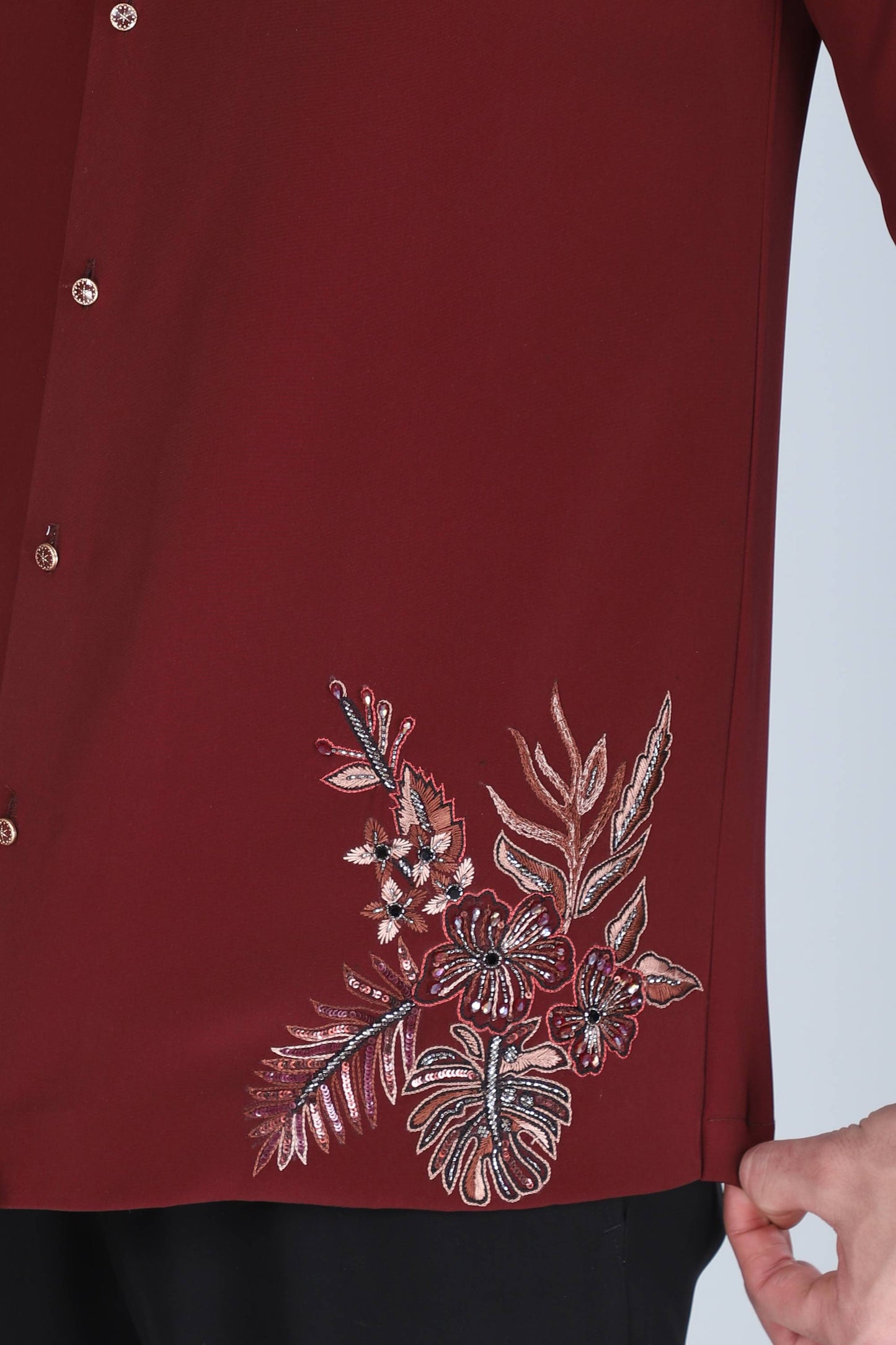 Maroon Hand Embroidered Shirt for Men