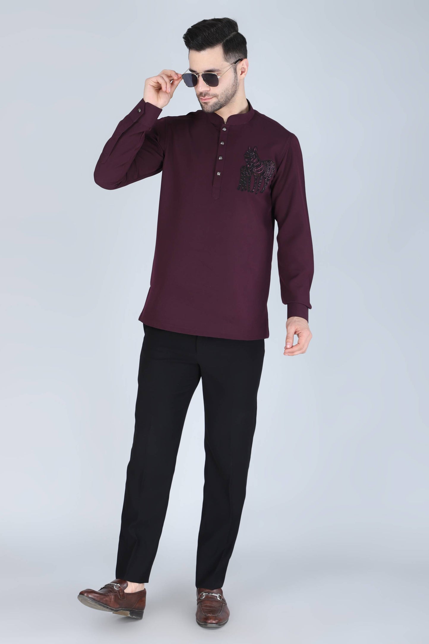 Purplish Wine Hand Embroidered Motif Shirt for men