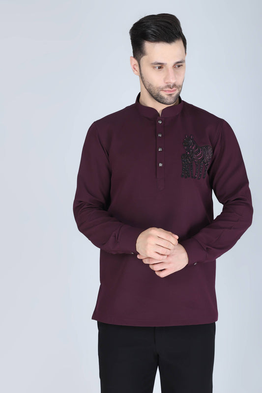 Purplish Wine Hand Embroidered Motif Shirt for men
