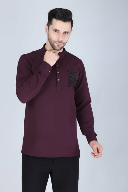 Purplish Wine Hand Embroidered Motif Shirt for men