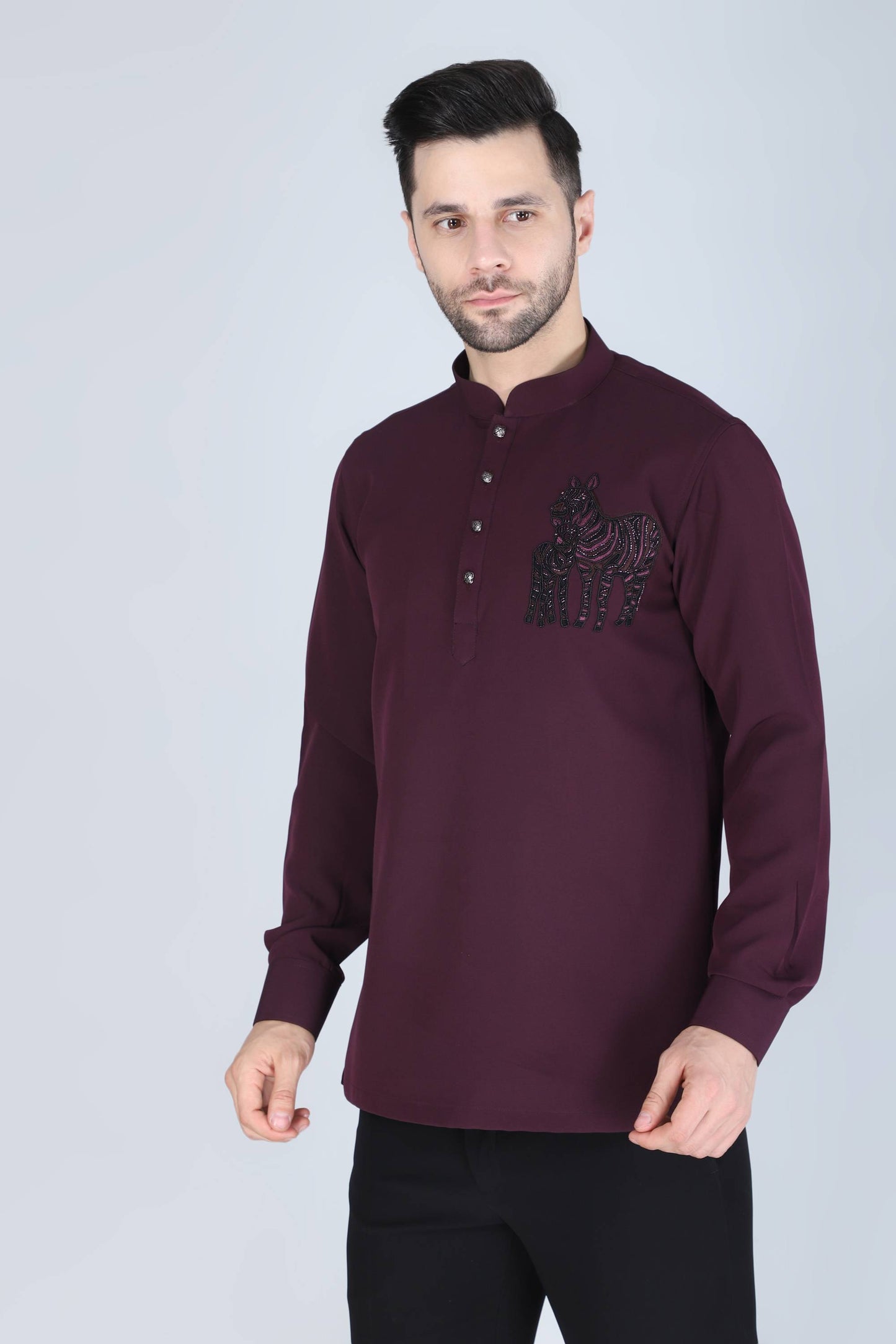 Purplish Wine Hand Embroidered Motif Shirt for men