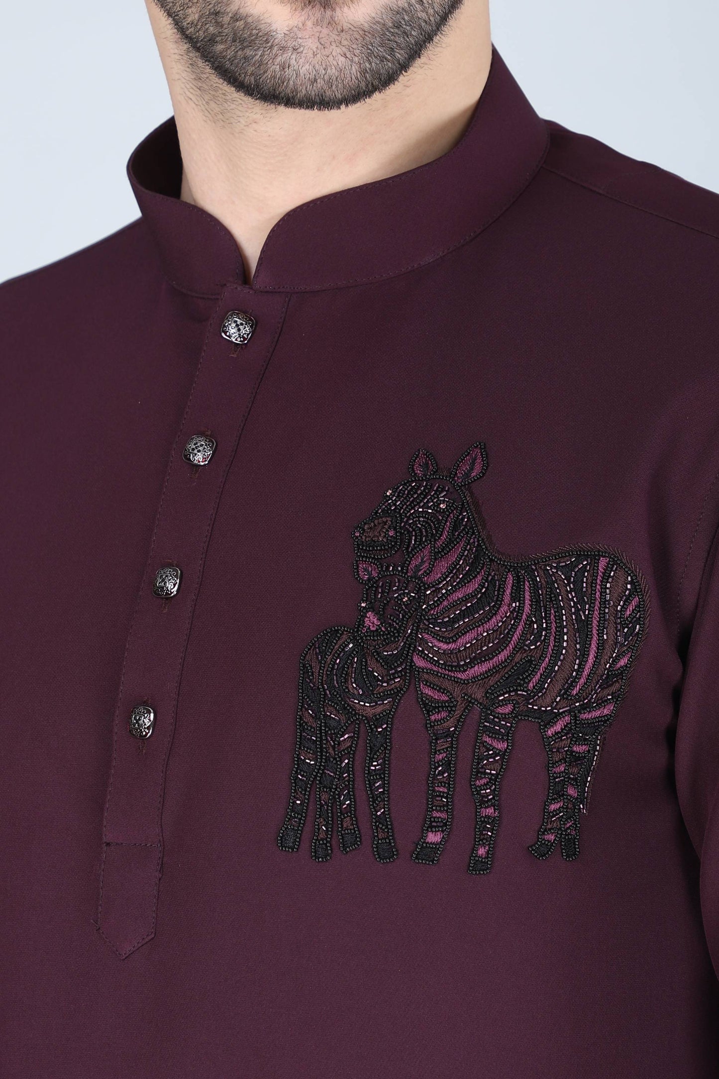Purplish Wine Hand Embroidered Motif Shirt for men