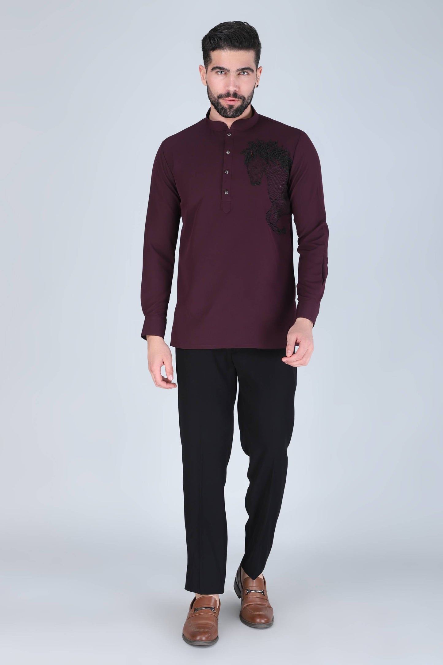 Purplish Wine Horse Motif Shirt for Men