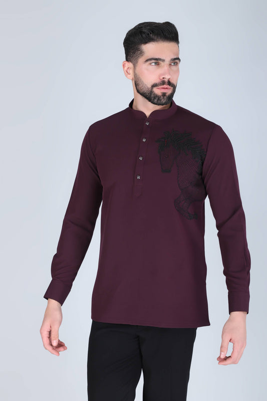 Purplish Wine Horse Motif Shirt for Men