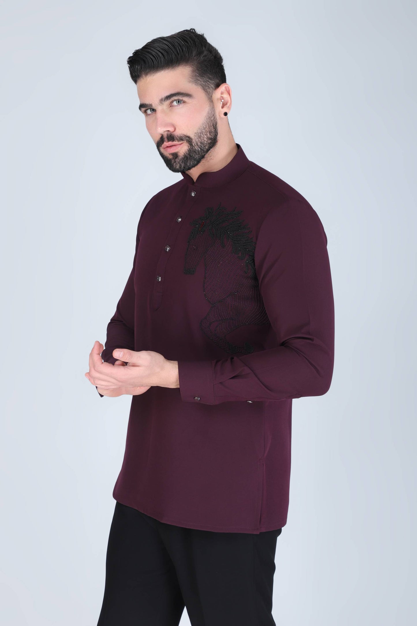 Purplish Wine Horse Motif Shirt for Men