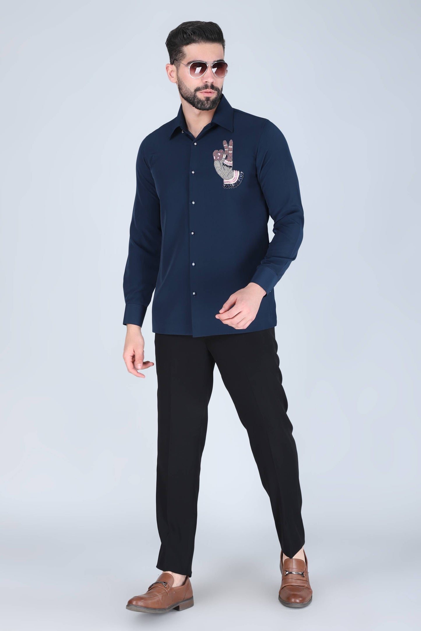 Navy Blue Hand Embroidered Shirt for Men