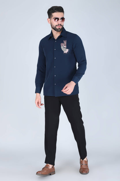 Navy Blue Hand Embroidered Shirt for Men