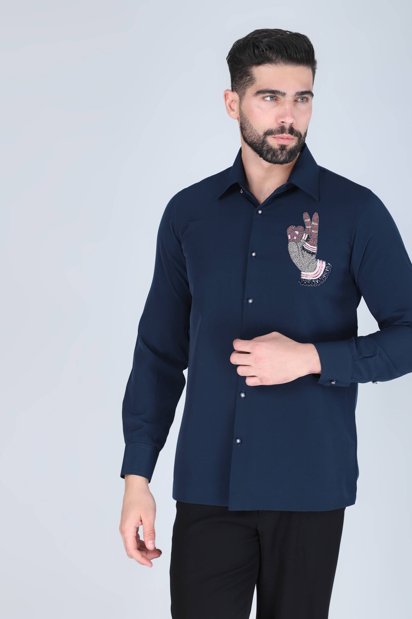 Navy Blue Hand Embroidered Shirt for Men