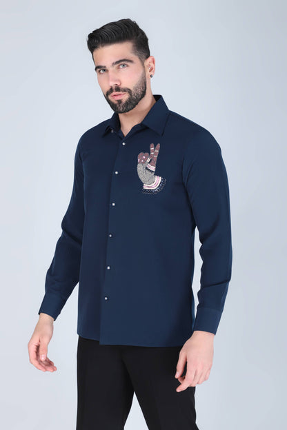 Navy Blue Hand Embroidered Shirt for Men