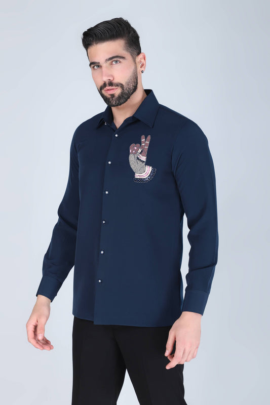 Navy Blue Hand Embroidered Shirt for Men