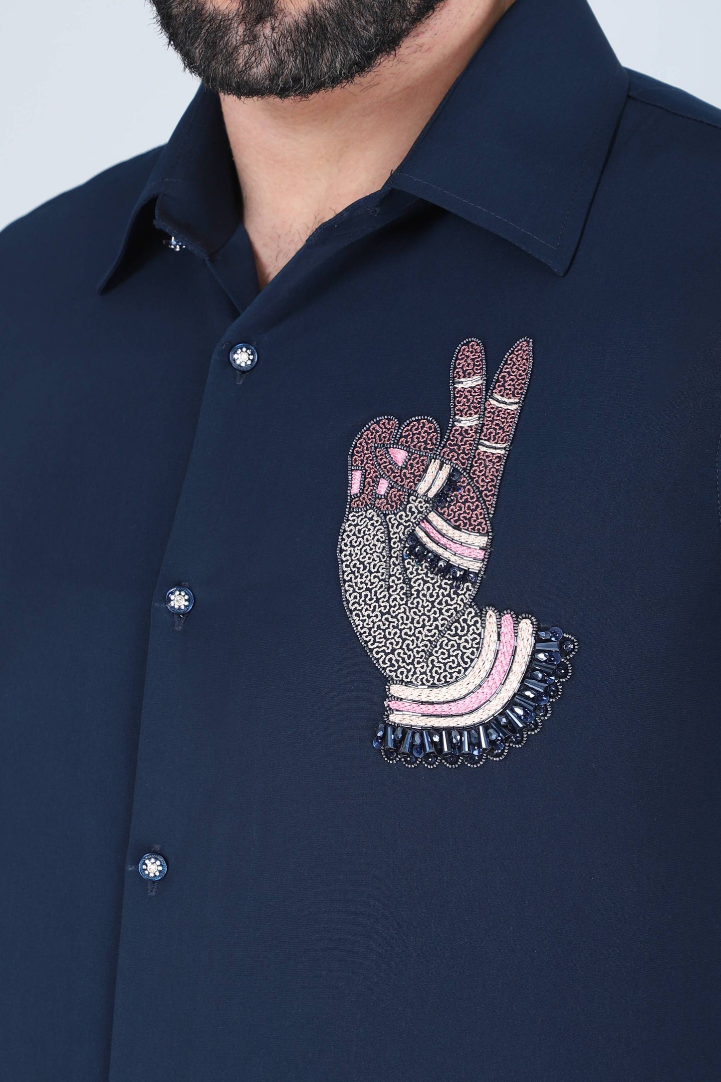 Navy Blue Hand Embroidered Shirt for Men