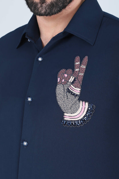 Navy Blue Hand Embroidered Shirt for Men
