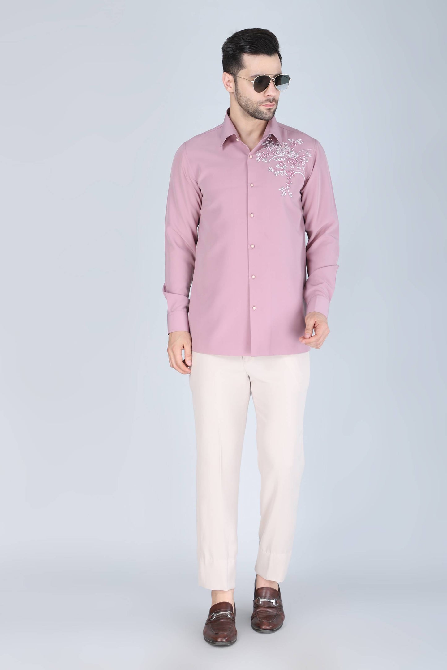 Pink Hand Embroidered Shirt for men