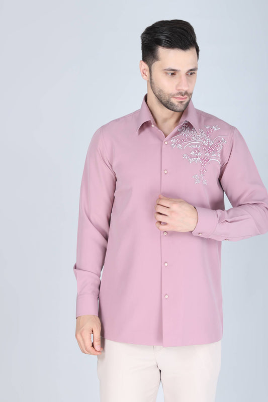 Pink Hand Embroidered Shirt for men