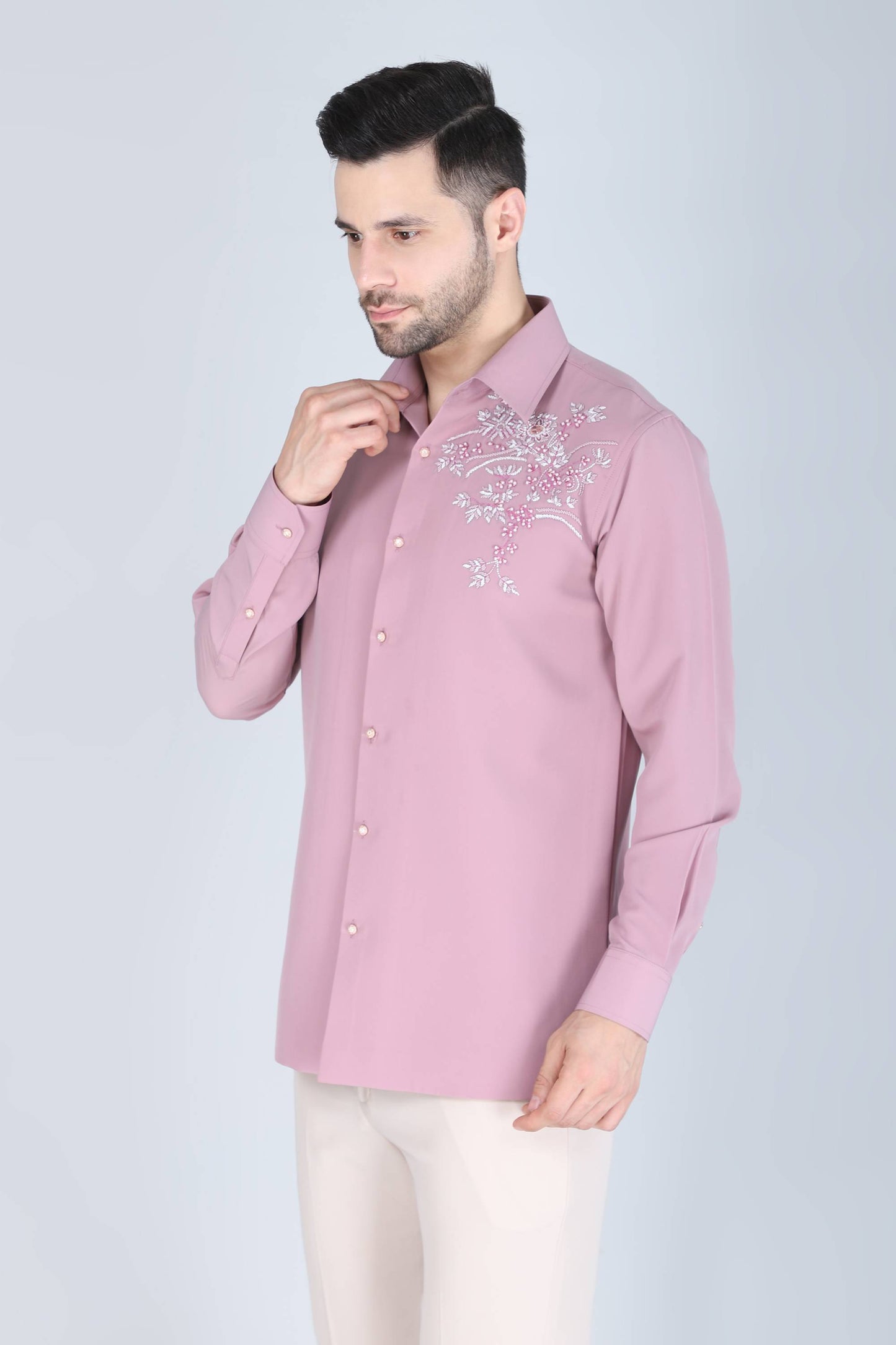 Pink Hand Embroidered Shirt for men