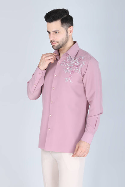 Pink Hand Embroidered Shirt for men