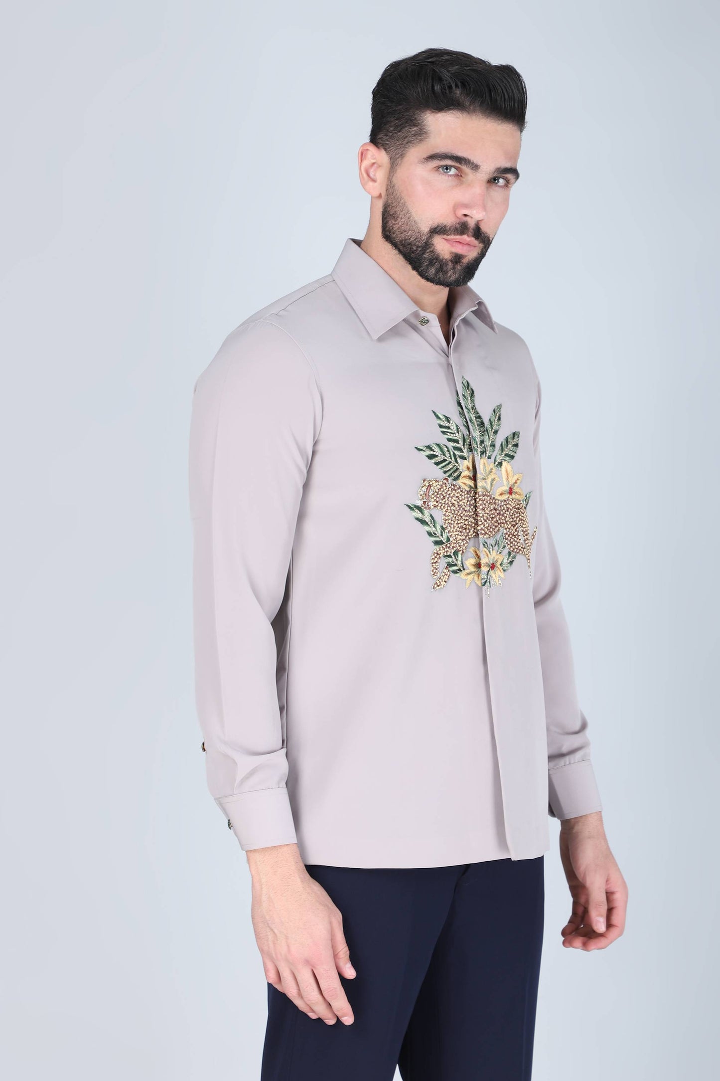 Light Grey Hand embroidered Shirt for Men