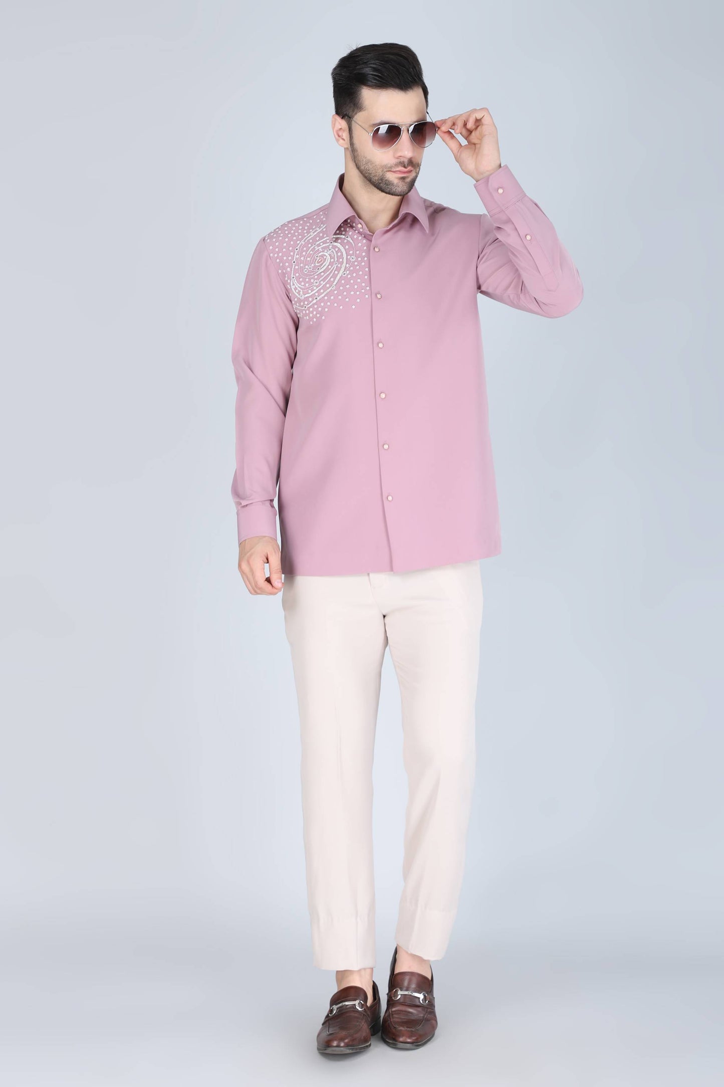 Pink Hand Embroidered Shirt for Men