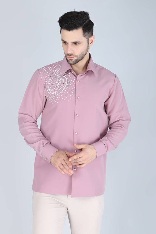 Pink Hand Embroidered Shirt for Men