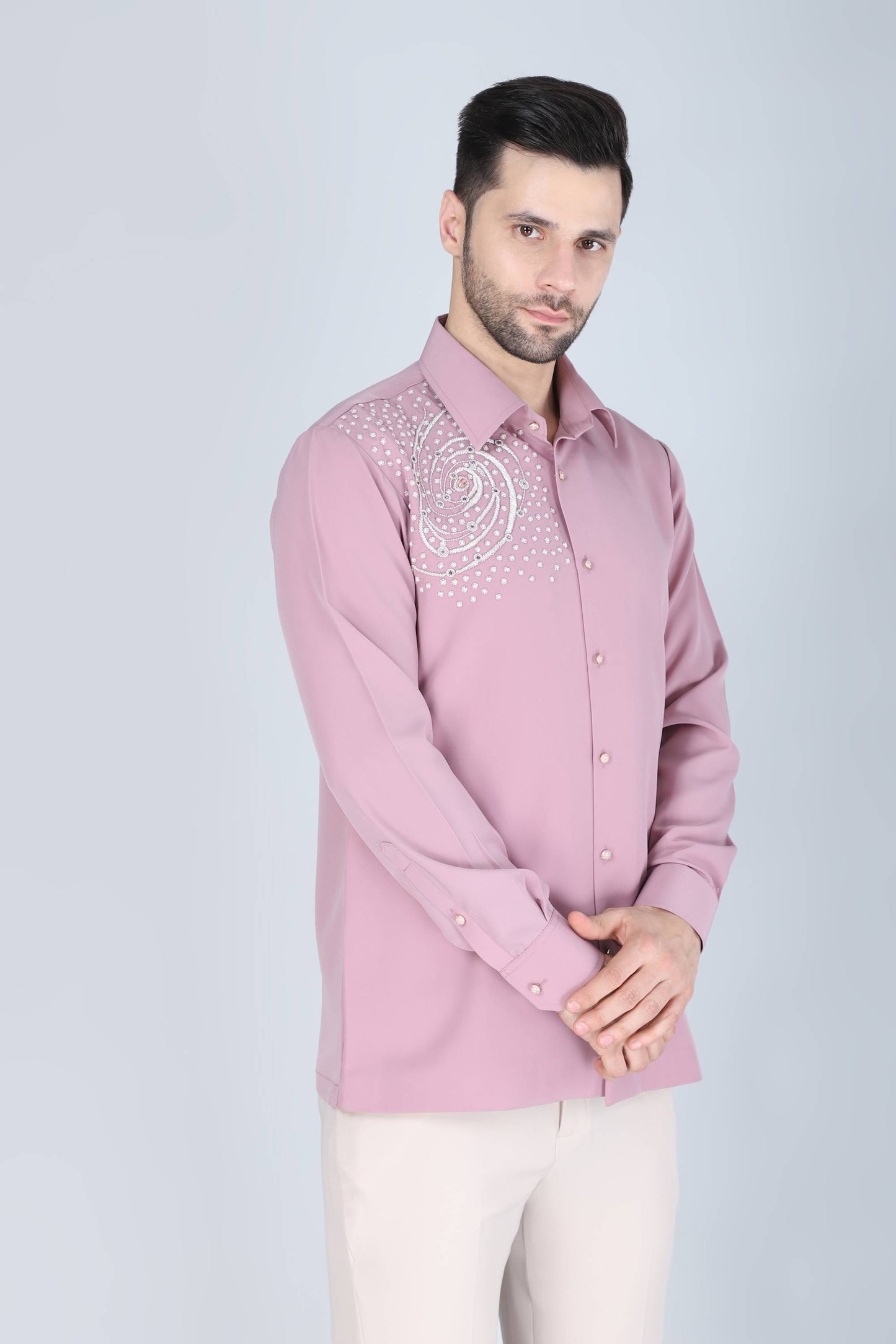 Pink Hand Embroidered Shirt for Men