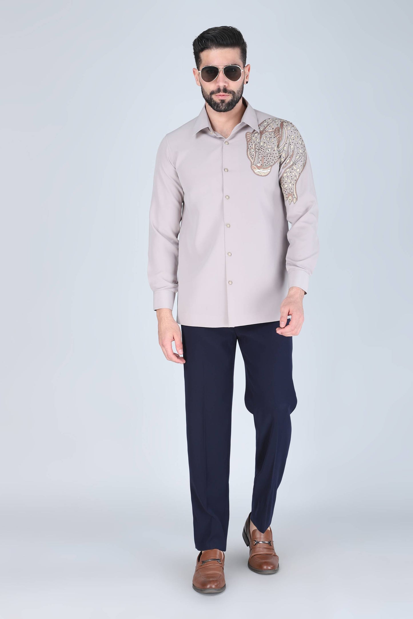 Light Grey Hand embroidered shirt for men