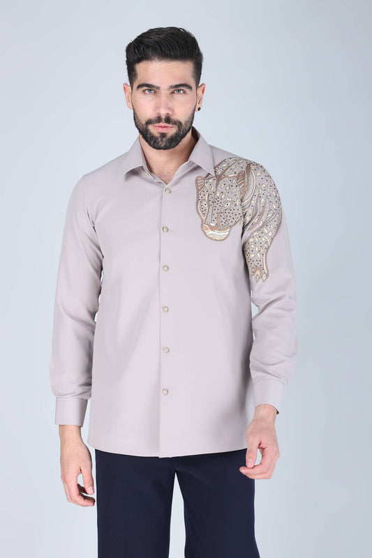 Light Grey Hand embroidered shirt for men