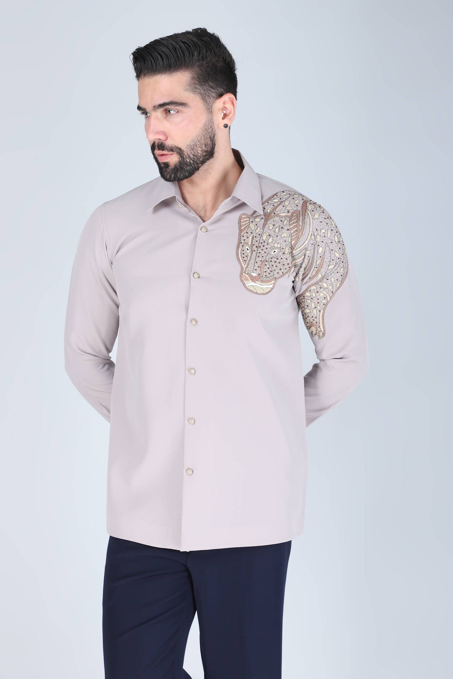 Light Grey Hand embroidered shirt for men